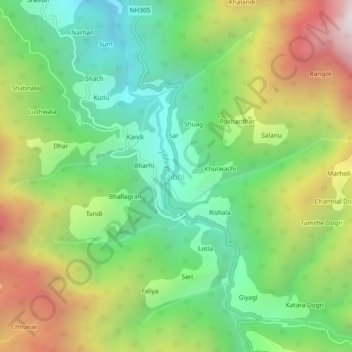 Mapa topográfico Jibhi, altitud, relieve