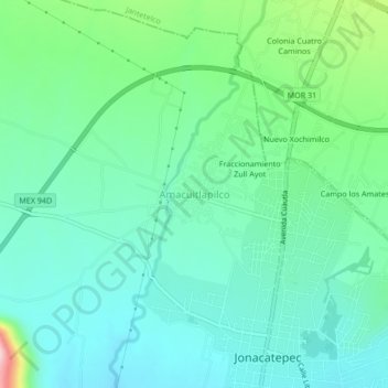 Mapa topográfico Amacuitlapilco, altitud, relieve