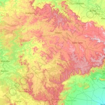 Mapa topográfico Mandla, altitud, relieve