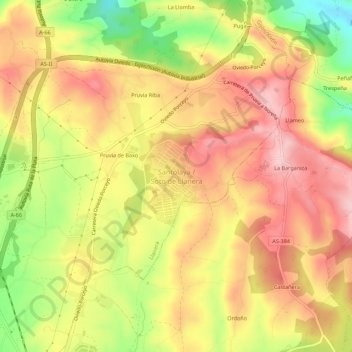 Mapa topográfico Soto de Llanera, altitud, relieve