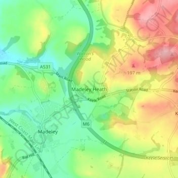 Mapa topográfico Madeley Heath, altitud, relieve