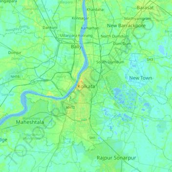 Mapa topográfico Calcuta, altitud, relieve