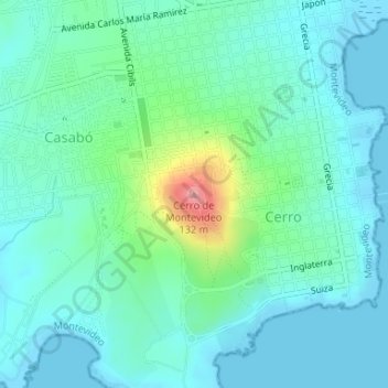 Mapa topográfico Cerro de Montevideo, altitud, relieve