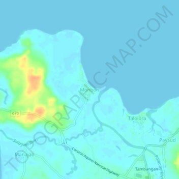 Mapa topográfico Monbon, altitud, relieve