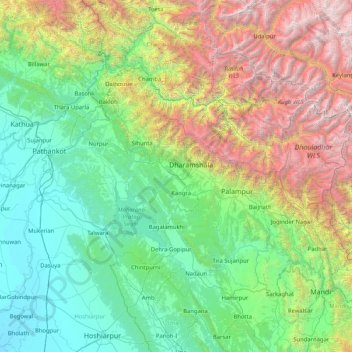 Mapa topográfico Kangra, altitud, relieve