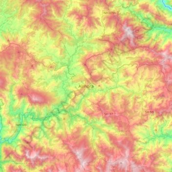 Mapa topográfico Almora, altitud, relieve