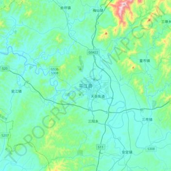 Mapa topográfico 平江县, altitud, relieve