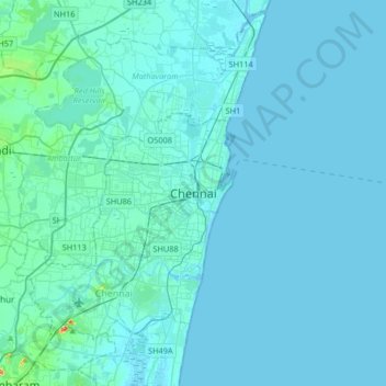 Mapa topográfico Chennai, altitud, relieve