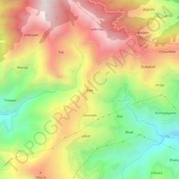 Mapa topográfico Gaja, altitud, relieve