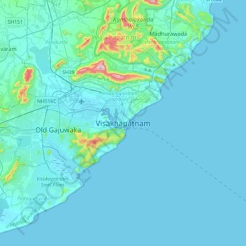Mapa topográfico Visakhapatnam, altitud, relieve