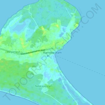 Mapa topográfico Rameswaram, altitud, relieve