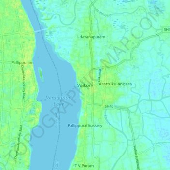 Mapa topográfico Vaikom, altitud, relieve