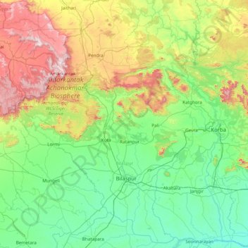 Mapa topográfico Bilāspur, altitud, relieve