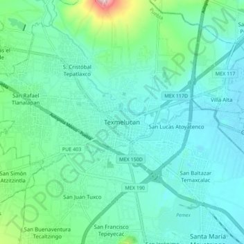 Mapa topográfico Texmelucan, altitud, relieve