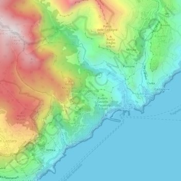Mapa topográfico Pogerola, altitud, relieve