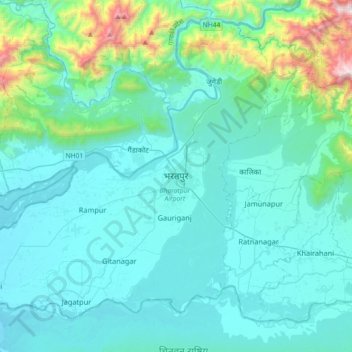 Mapa topográfico Bharatpur, altitud, relieve