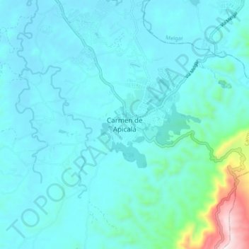 Mapa topográfico Carmen de Apicalá, altitud, relieve