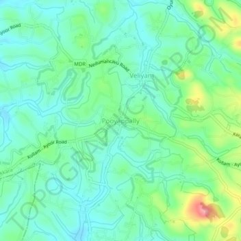 Mapa topográfico Pooyappally, altitud, relieve