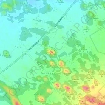 Mapa topográfico Chocolate Hills, altitud, relieve