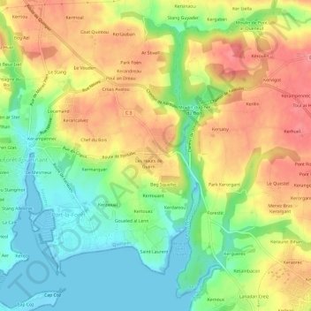 Mapa topográfico Beg Menez, altitud, relieve