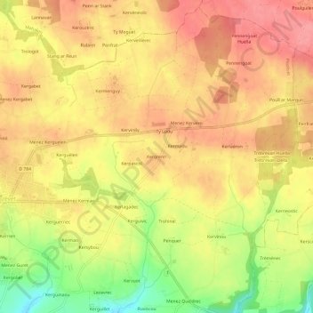 Mapa topográfico Kergrenn, altitud, relieve