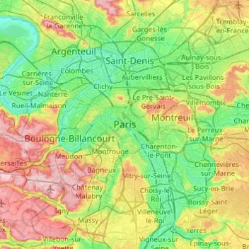 Mapa topográfico París, altitud, relieve