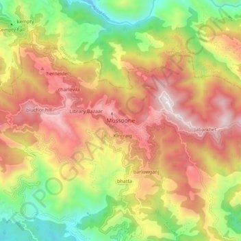 Mapa topográfico Mussoorie, altitud, relieve