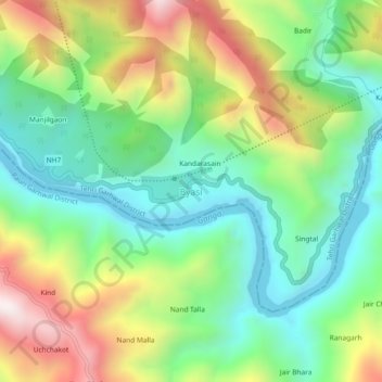 Mapa topográfico Byasi, altitud, relieve