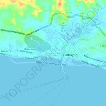 Mapa topográfico Capoocan, altitud, relieve