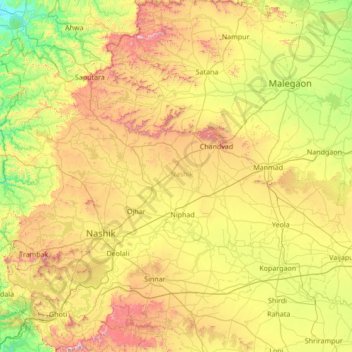 Mapa topográfico Nashik, altitud, relieve