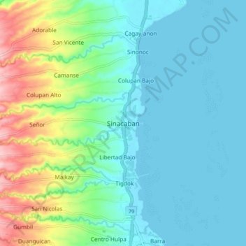 Mapa topográfico Sinacaban, altitud, relieve