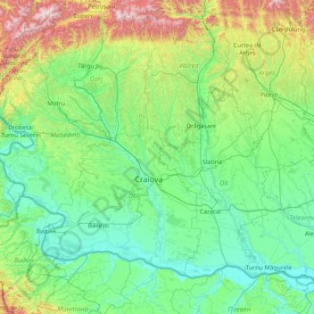 Mapa topográfico Oltenia, altitud, relieve