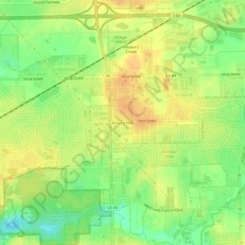Mapa topográfico Arbury Hills, altitud, relieve