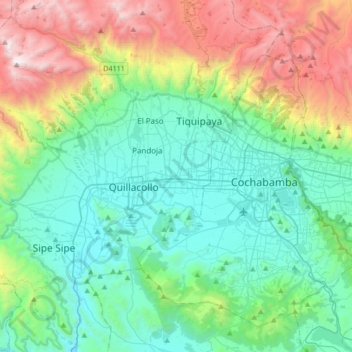 Mapa topográfico Colcapirhua, altitud, relieve