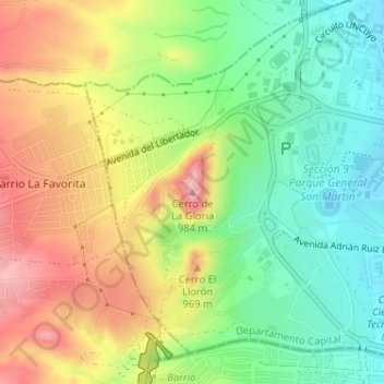 Mapa topográfico Cerro de La Gloria, altitud, relieve