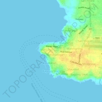 Mapa topográfico Maligaya, altitud, relieve