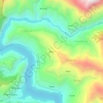 Mapa topográfico Gwar, altitud, relieve