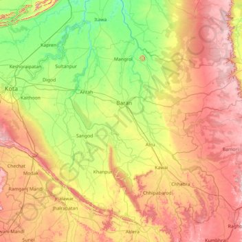 Mapa topográfico Kota, altitud, relieve