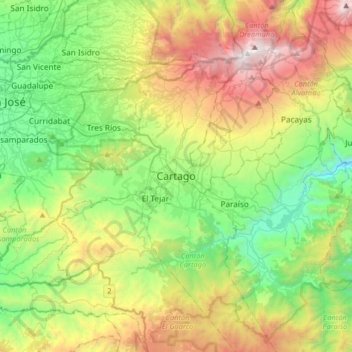 Mapa topográfico Cartago, altitud, relieve