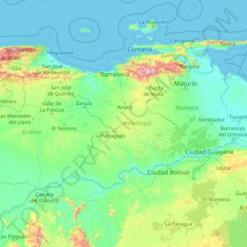 Mapa topográfico Anzoátegui, altitud, relieve