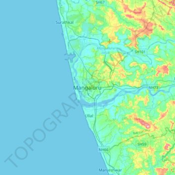 Mapa topográfico Mangaluru, altitud, relieve