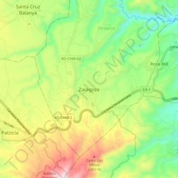 Mapa topográfico Zaragoza, altitud, relieve