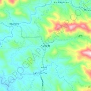 Mapa topográfico Alakode, altitud, relieve
