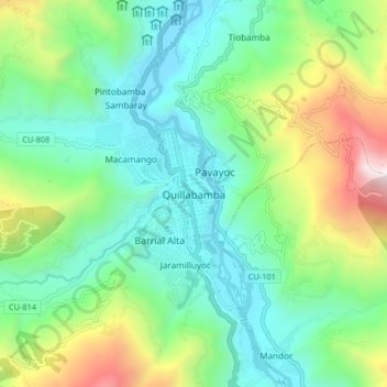 Mapa topográfico Quillabamba, altitud, relieve