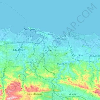 Mapa topográfico Río Piedras, altitud, relieve