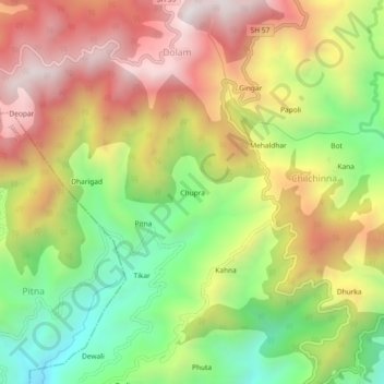 Mapa topográfico Chupra, altitud, relieve