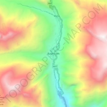 Mapa topográfico Badrinath, altitud, relieve