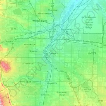 Mapa topográfico Denver, altitud, relieve
