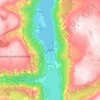 Mapa topográfico Odda, altitud, relieve