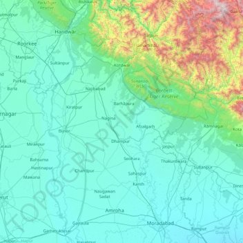 Mapa topográfico Bijnor, altitud, relieve